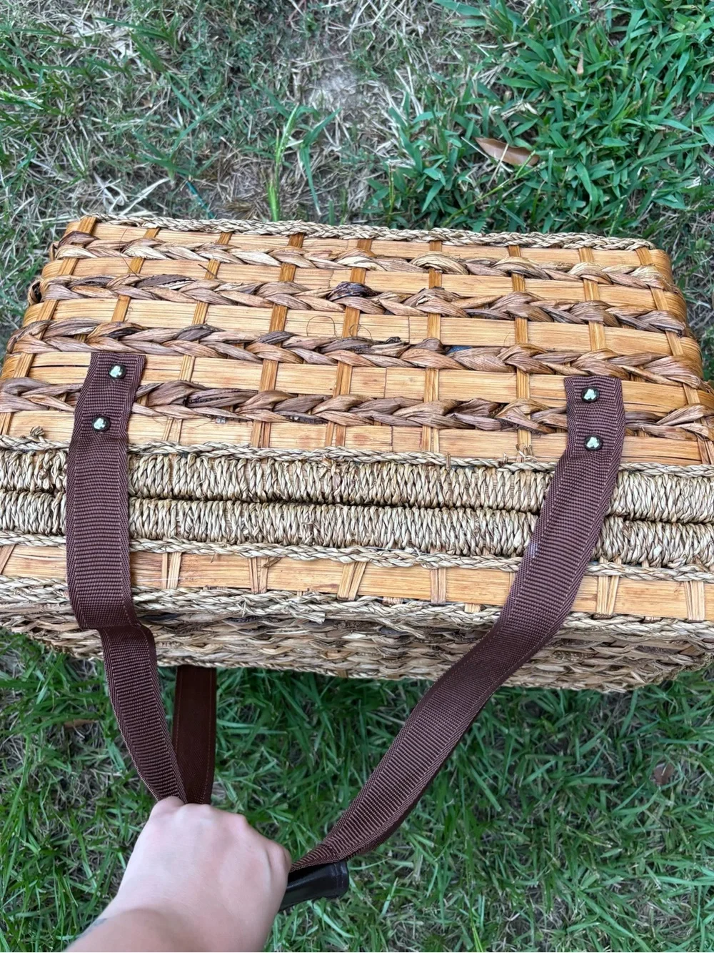 Woven Picnic Basket with Brown Straps and Leather Accents